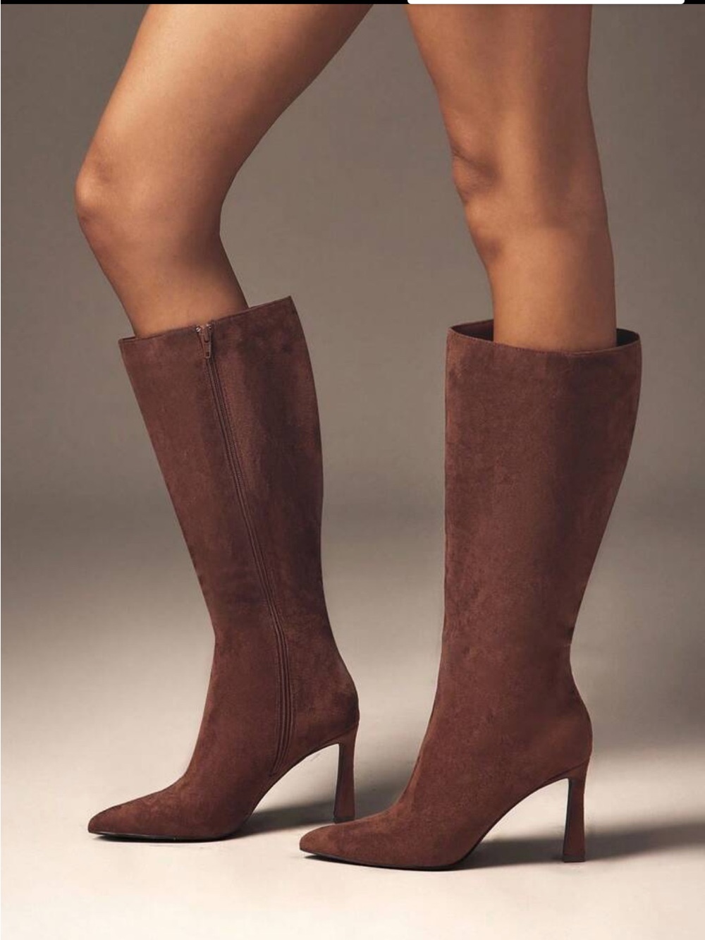 Brown Suede Pointed-Toe Heeled Tall Boots
